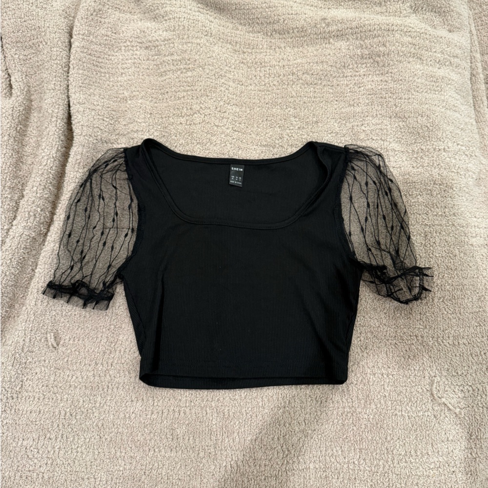 SHEIN Black Crop Top with Sheer Sleeves
